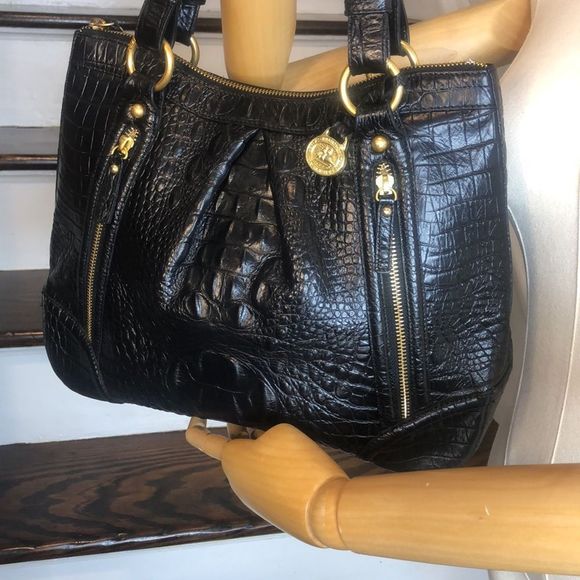 BRAHMIN Black Selma Croc Embossed Leather Pleated Shoulder Tote Bag Top Zipper - Picture 8 of 17